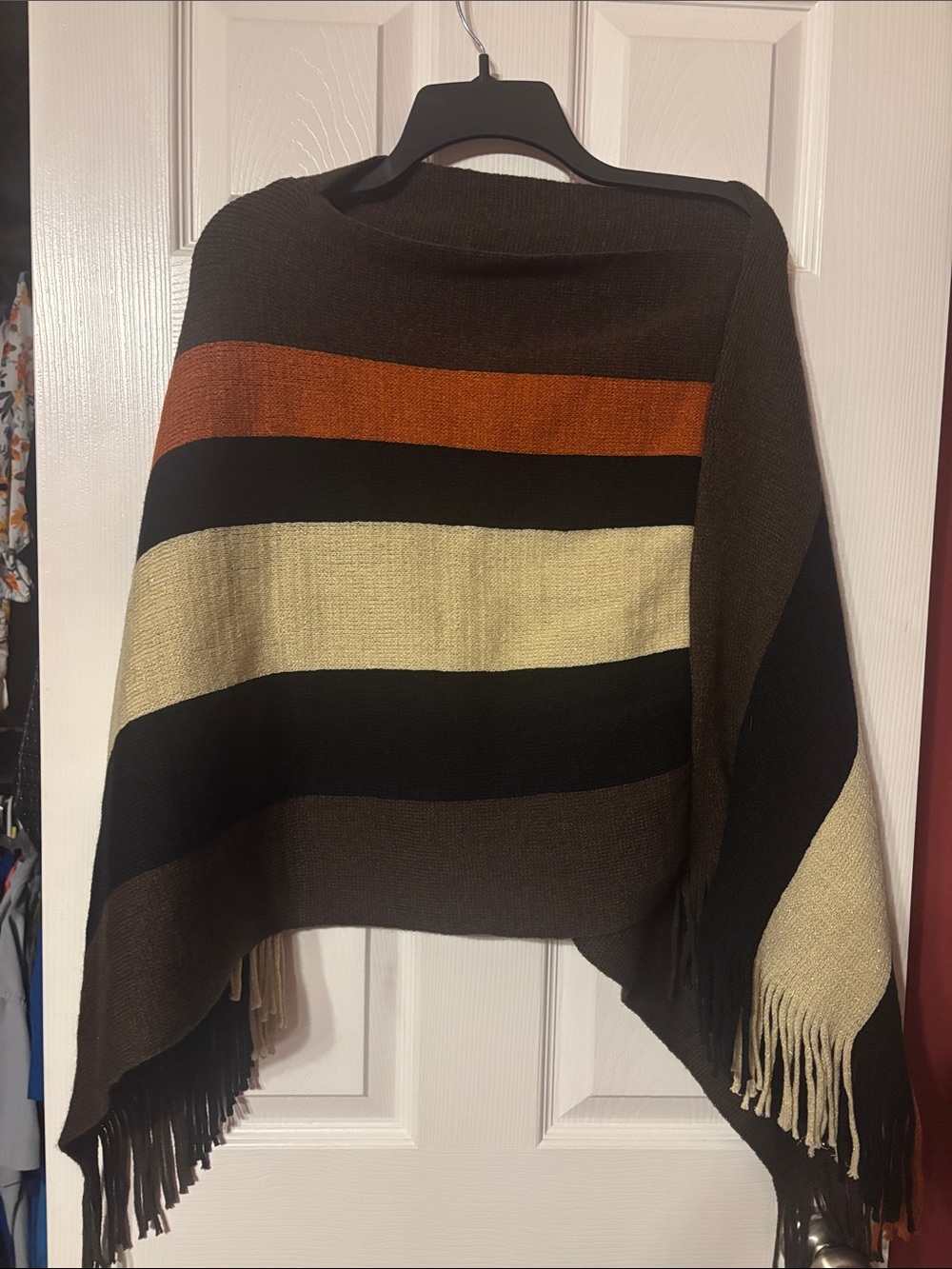 Striped Fringe Throw Poncho in Brown, Black, Cream & Orange